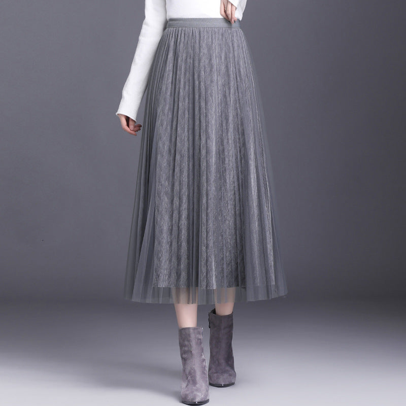 skirts Women&#039;s Tulle Plain Pleated Fashion Black Grey Khaki Mesh long Skirt High Waist Woman Skirts