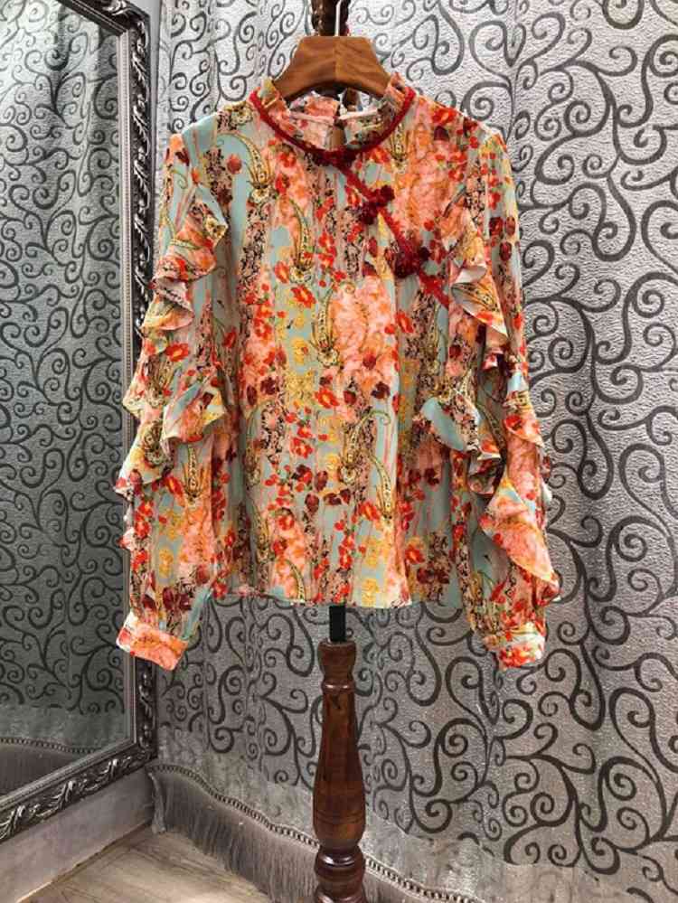 pants 100%Silk Shirt Spring Summer Blouses Women Charming Floral Print Vintage Buttons Long Sleeve Pink Blue Tops Female