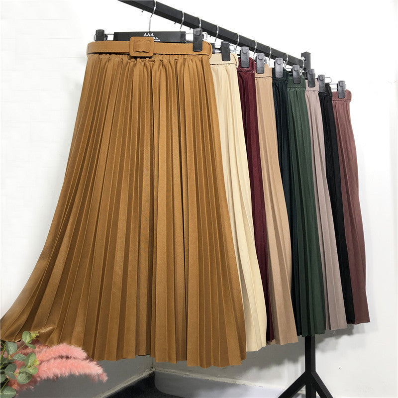 skirts Metallic A-line Simple Pleated with Belt Elastic Waist Waistband All-match Drape Mid-calf Long Skirt