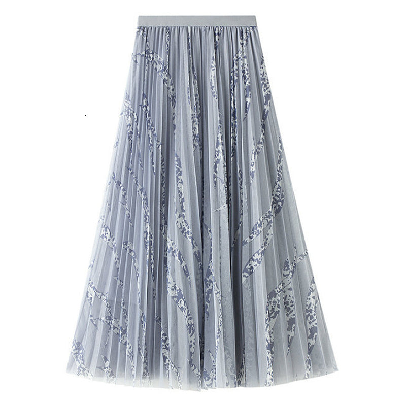 skirts Summer Striped Printed A-line Tulle Camouflage Print Mesh Pleated Maxi Long Skirts