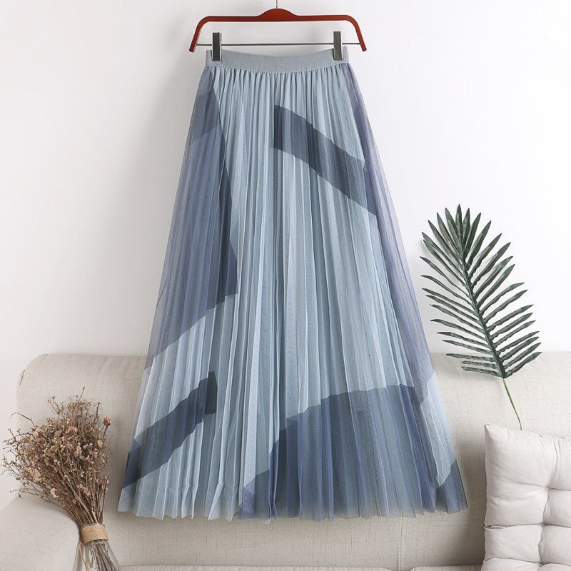 skirts Summer Abstract Striped Pring A-line Mesh Korean Style Fine Process Tulle Long Skirts
