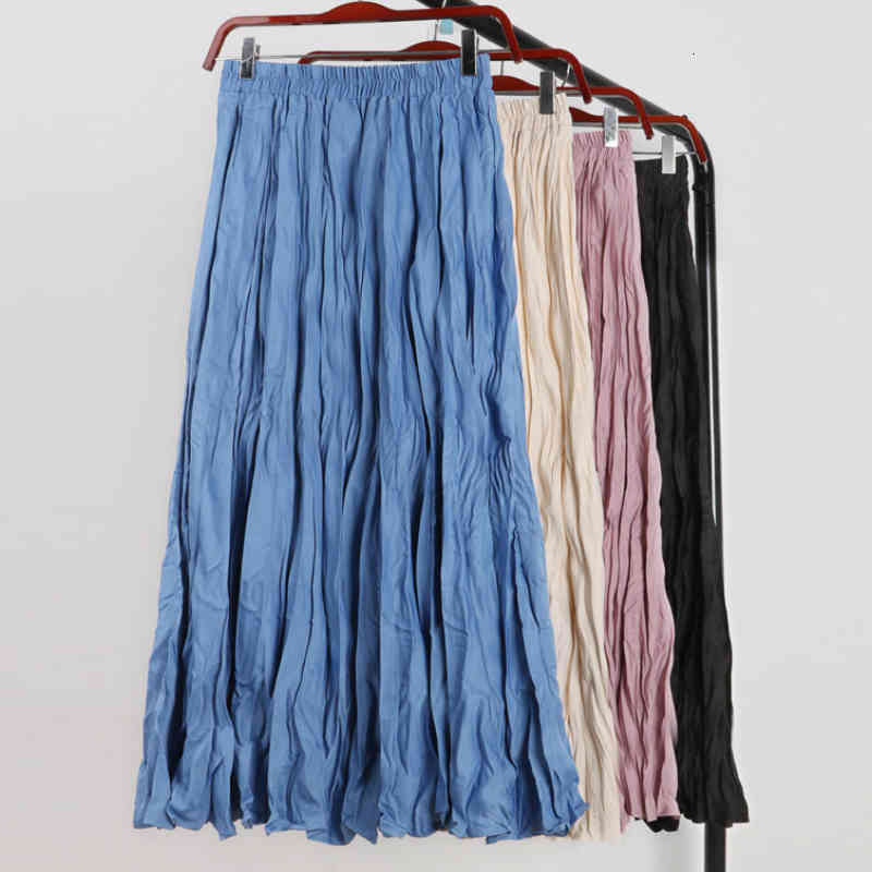 skirts Korean Style Spring Messy Crepe Cotton Blend A-line Harajuku Pleated Maxi Long Skirts Blue Pink