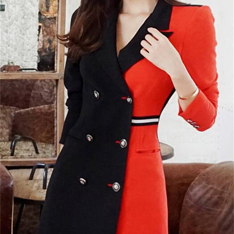 Korean version of the autumn office lady temperament Slim color matching double-breasted bag hip suit