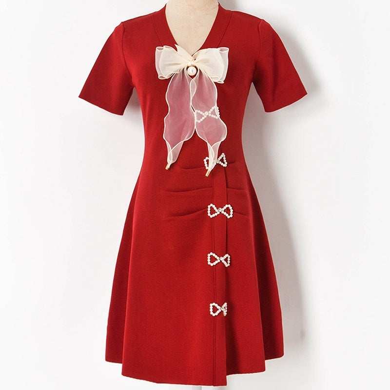 dresses Summer Sweater Women Cute Bows Beaded V neck SHort Sleeve Red Mini Knitting Femal 2021 Korean Fashion clothing