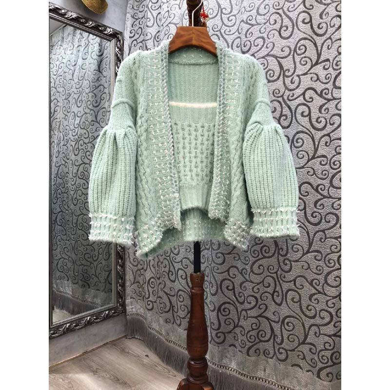 Skirt Autumn Winter Fashion Jackets Women High Quality Mohair Knitting Lace Color Block Casual Green Cardigan Outwears