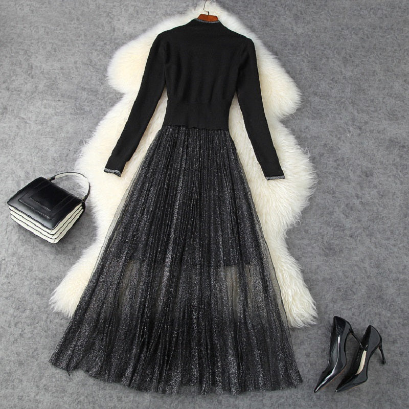 dresses est Fashion Autumn Winter Women Lurex Yarn Knitting Patchwork Long Sleeve Mid-Calf Length Casual Pleated