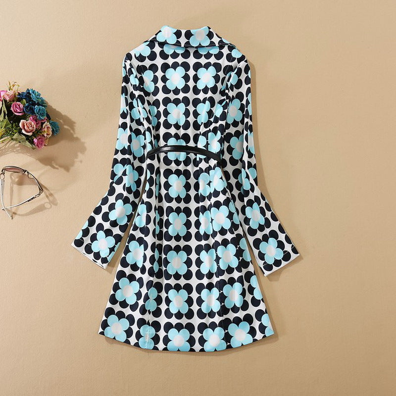 dresses Autumn Winter Trench Coat Women Color Block Floral Print Hand Made Beading Long Sleeve Casual Blue Outerwear Coats