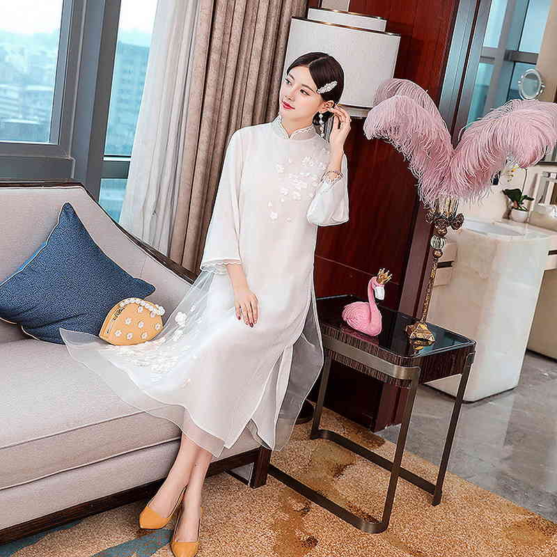 dresses Top Quaity Brand Chinese Autumn Women Luxurious Embroidery 3-4 Sleeve Mid-Calf White Wine Red Clothing 50s 60s