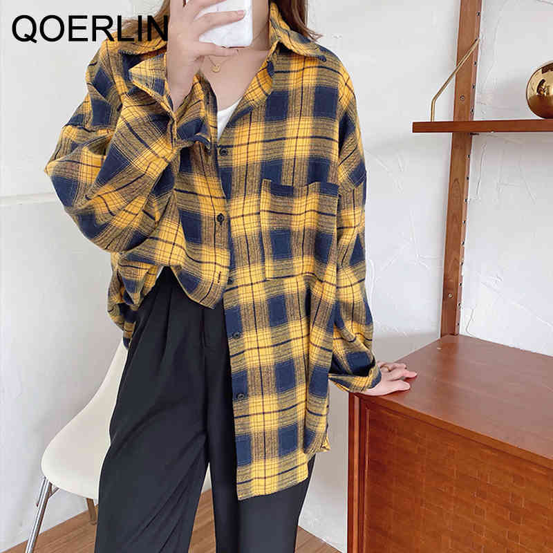 blouses Plaid Shirt Loose Polo Lapel Drop Shoulder Full Sleeve Single-Breasted Pocket Blouse Tops Lady Yellow Long Checked Blusa