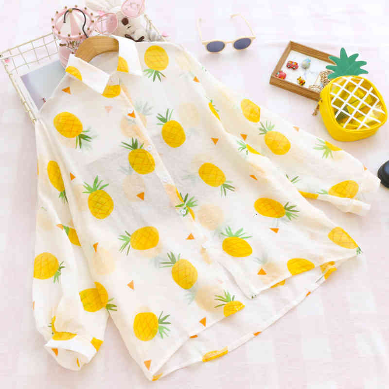 Japanese Fruit Print Cute Shirts Women Summer Korean Style Button Up Girl Tops Kawaii Beach Cardigan Long Sleeve Casual Blouses