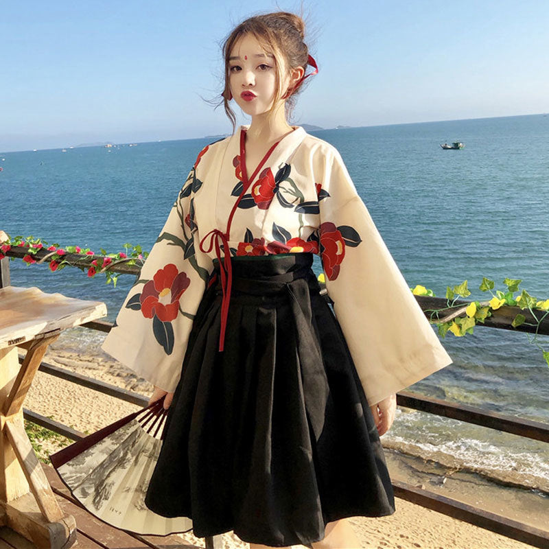 Japanese Vintage Floral Kimono Women Lace Up Long Sleeve Shirts Korean Print Flower Boho Beach Blouses Girl&#039;s Hanfu Cardigan