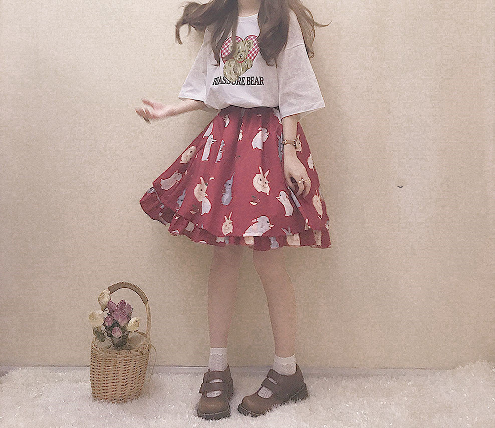 Japanese Cute Bunny Girl Tutu Harajuku Soft Sister Hight Waist Lolita Mini Skirts Kawaii Rabbit Ruffle Red Skirt Black