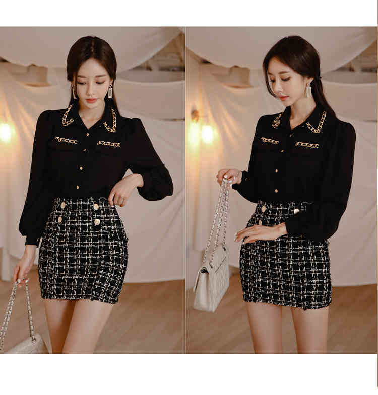 2021 Spring Women Dresses Lantern Sleeve Black Chiffon Shirt Blouse+Tweed Plaid Pencil Short Skirt Office Lady 2 Pieces Set