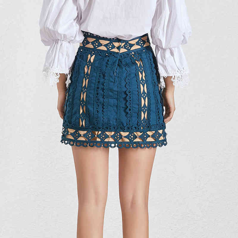 Lace Black And White Korean Hollow Out Women Skirt High Waist Beading Patchwork Slim Mini Skirts Female Fashion Summer Tide