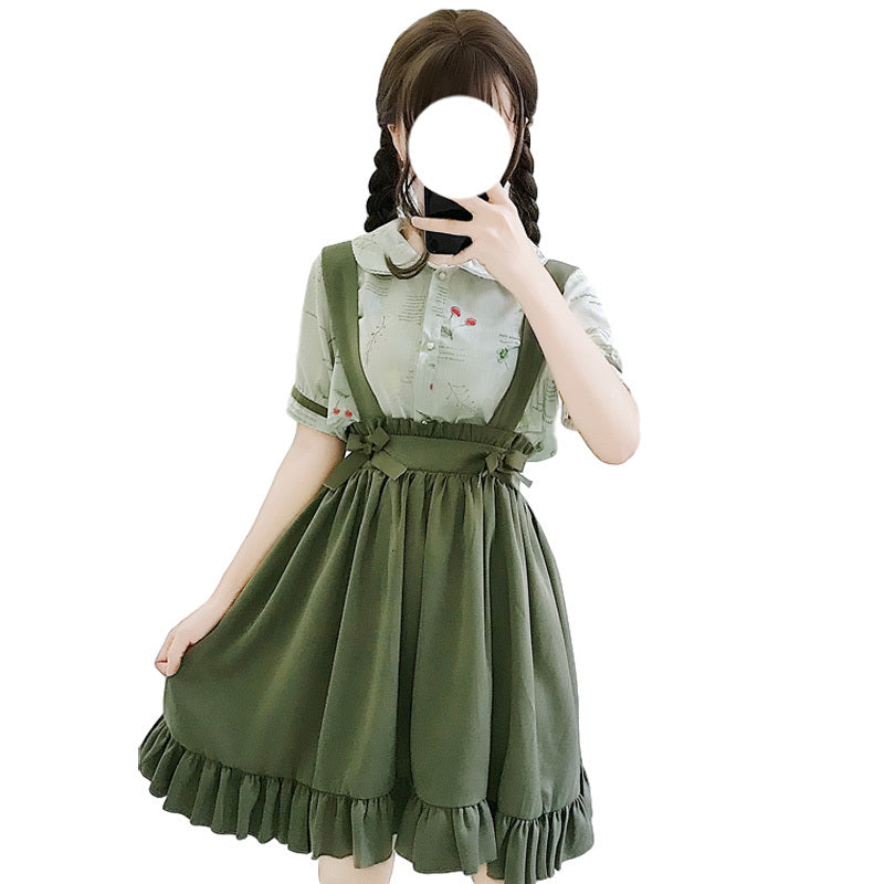 School Girls Cute Suspender Japanese Lolita Cosplay Kawaii A-line Pleated Skirt Korean Style Vintage Ruffle Green Skirts