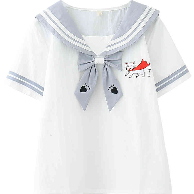 Vintage Sailor Kawaii Cat Grapgic Shirts Women Lolita School Uniform Teens Summer Tops Soft Girl Cute Bow Tie Striped Tshirt