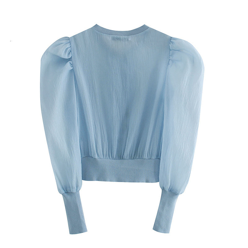 Blue Long Sleeve Neck Women Blouses Shirts Summer designer Clothing women&#039;s fashion transparent stiff yarn knitted jacket