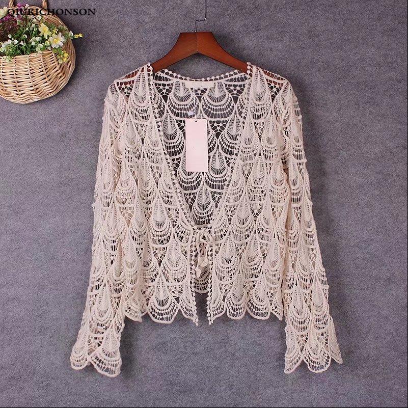Spring Summer Women Shirt Hollow Out Phoenix Flower Crochet Lace Cardigan Seven Sleeve Bohemian Crop Tops Ladies Blouses femme