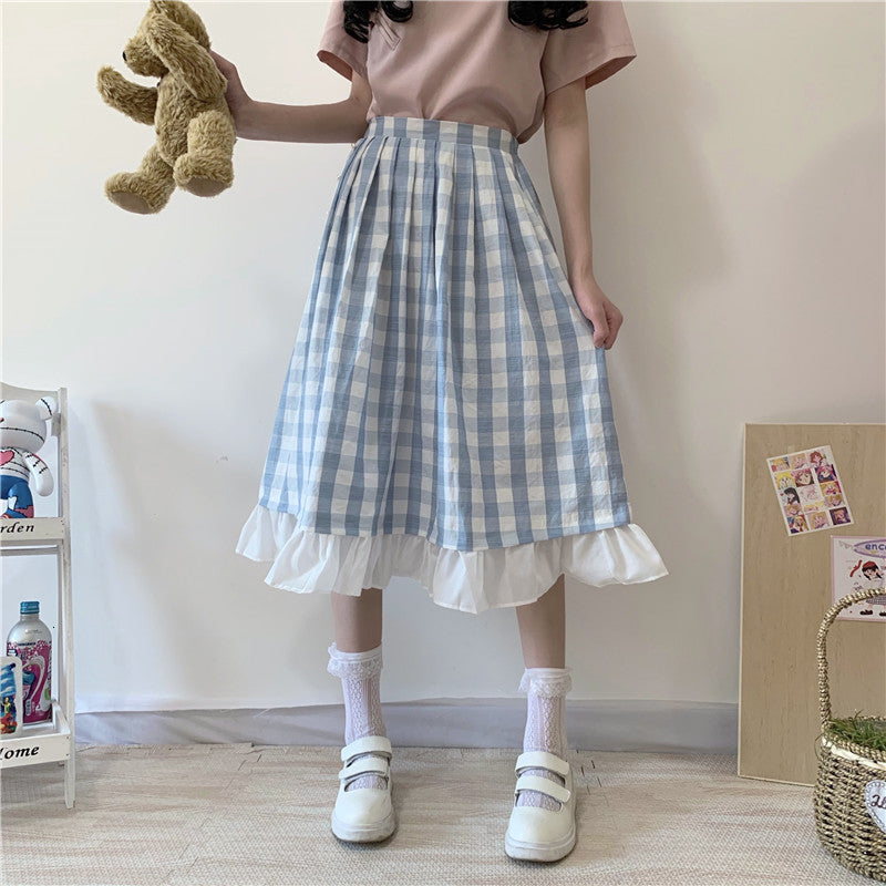 Sweet Teen Girl Plaid Long Skirt Vintage Ruffle Blue White Over Knee Length Saia Women Mori Lolita Cute Pleated Midi Skirts Tutu