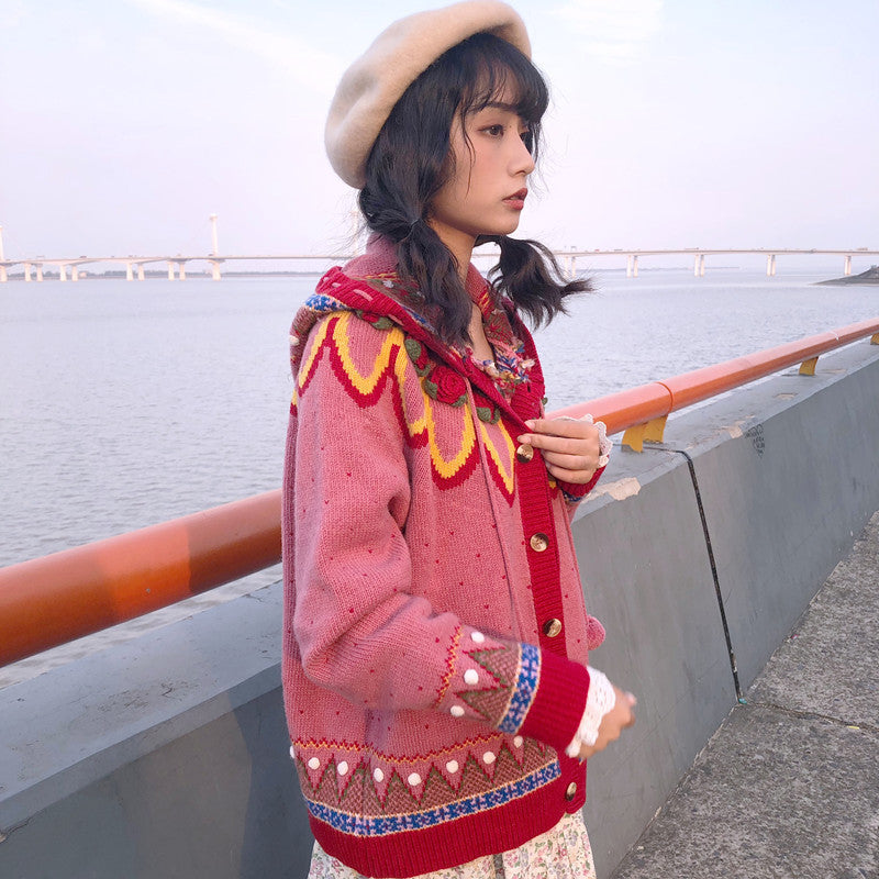 Pink Cute Jacquard Women Outerwear Winter Hand Hook 3D Flowers Balls Dot Geometric Pattern Cardigan Christmas Long Sleeve