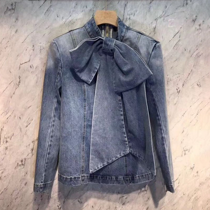 Blue Vintage Bowknot Denim Shirts Women Bow Collar Long Sleeve Slim Lace Up Blouses Tops Female Fashion Tide