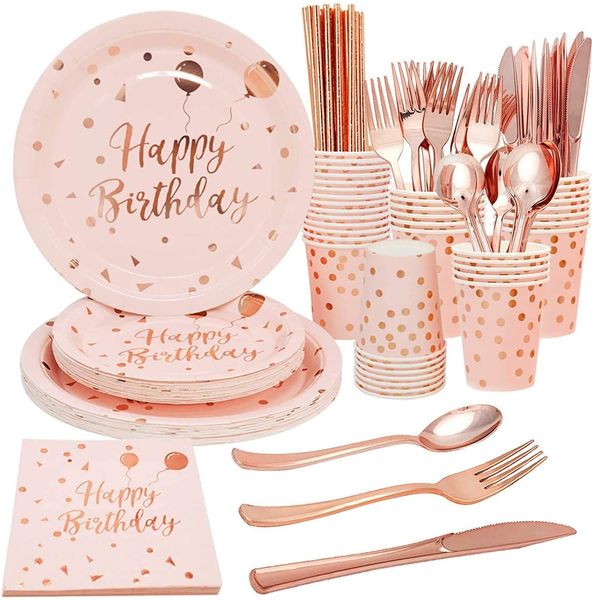 Happy Birthday Decorations Rose Gold dot Disposable Tableware Paper Plates Cup baby shower Girl Kids Adult Birthday Party Decor 210408