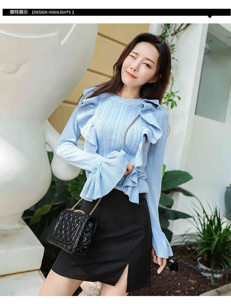 White Fashion Sweet Autumn Women Sweaters Knitting Pullovers Korean Sky Blue Ruffles Crochet Knitted Long Flare Sleeve Sweater Jumper