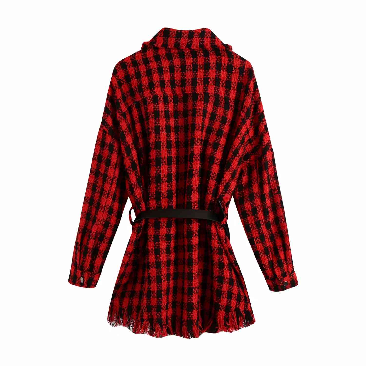 Red Long Sleeve Women blouses Shirts Autumn women&#039;s clothing with belt plaid shirt jacket