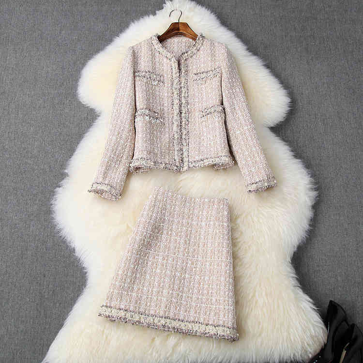 dress European and American women&#039;s clothing winter style Long - sleeved beaded coat skirts Tweed fashion suit LFN8