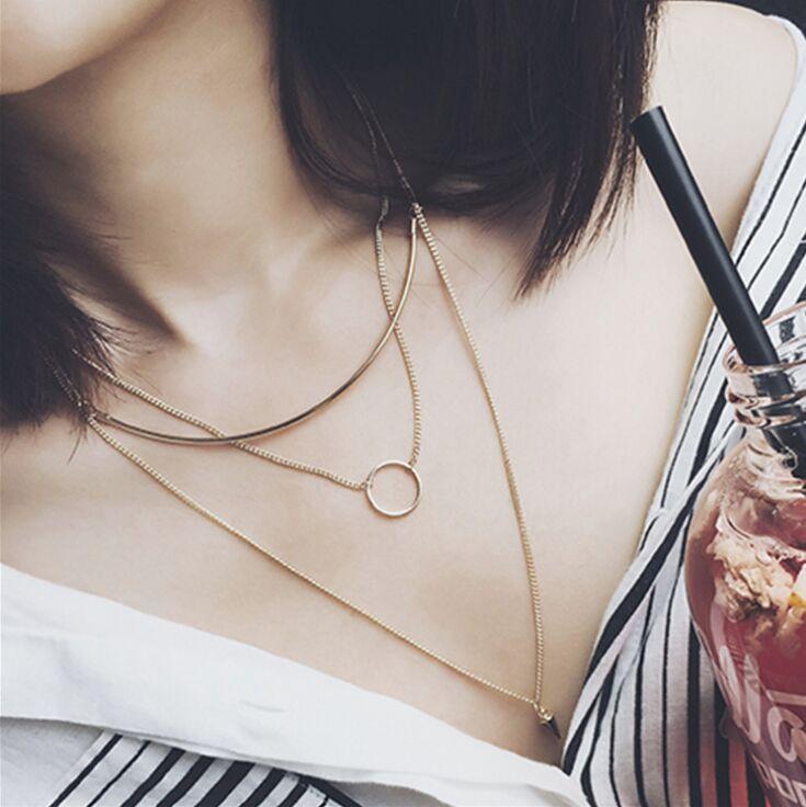 Women&#039;s 3 Layers Chokers Necklaces Pendants Metal Golden Color Not Fade Simple Style All-match Fashion Jewelry Necklace Pendant
