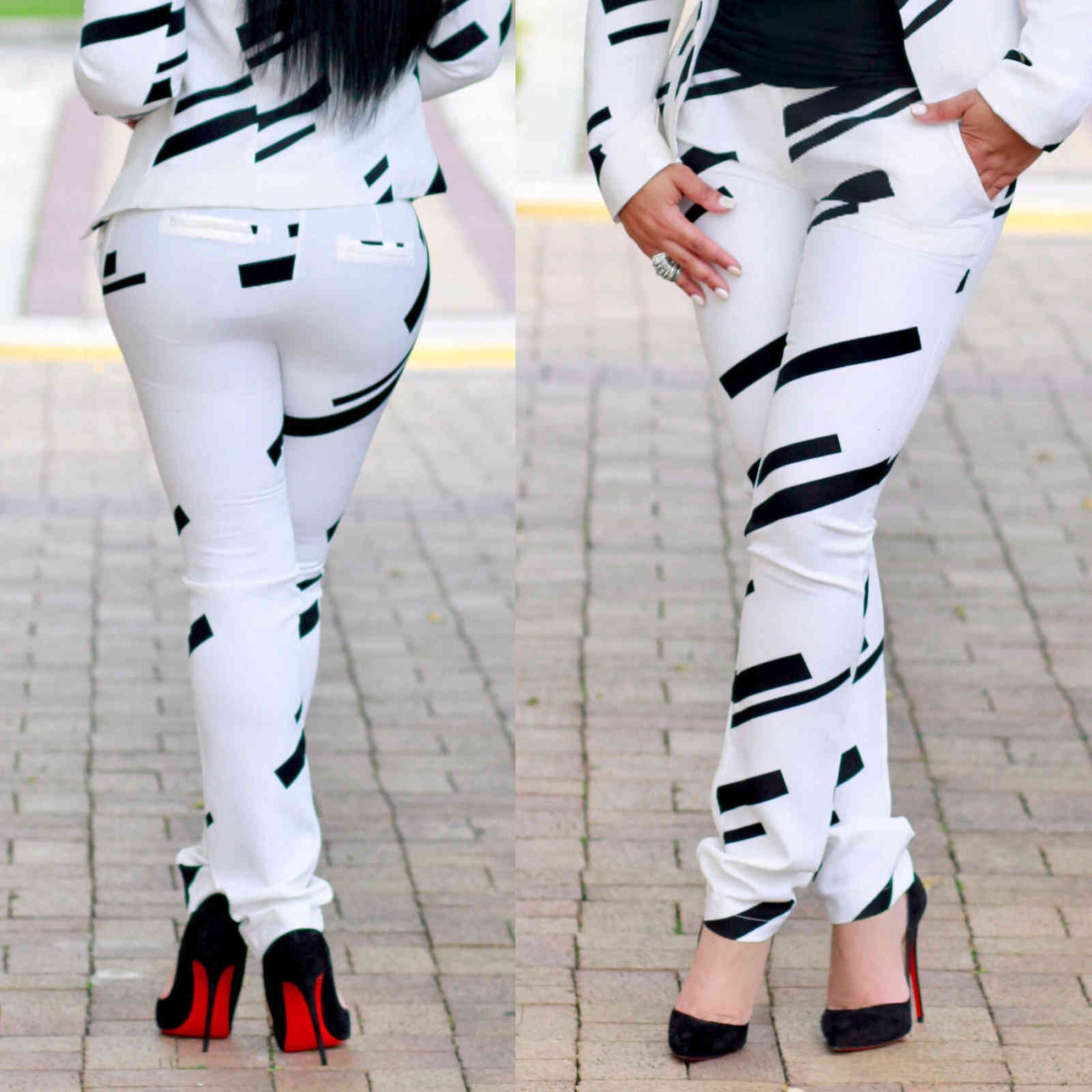 Spring Autumn Black White Stripes Women Suits Long Sleeves V Neck Blazer Coat and Pants Fashion Office Lady Outfits