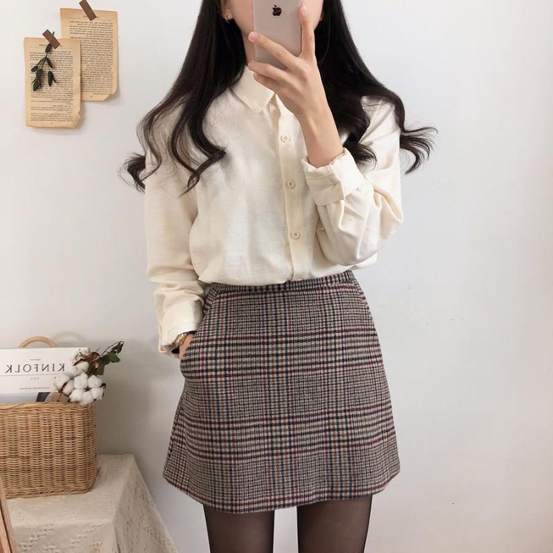 Two Piece Dress plaid Mini wool Women Vintage Straight Skirt short High Waist Girls skirts blouse suit Femininas Mujer Sell separately