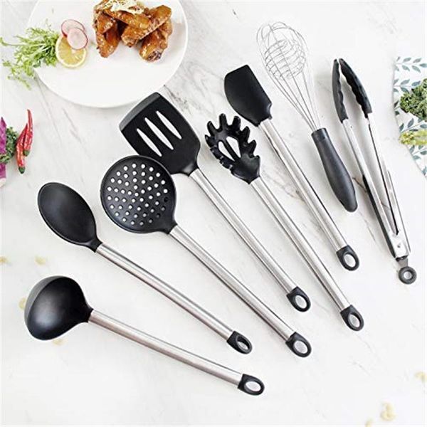 8pcs-set Silicone Cooking Utensils with Stainless Steel Handle Nonstick Heat Resistant Kitchen Gadgets Cookware Spatula