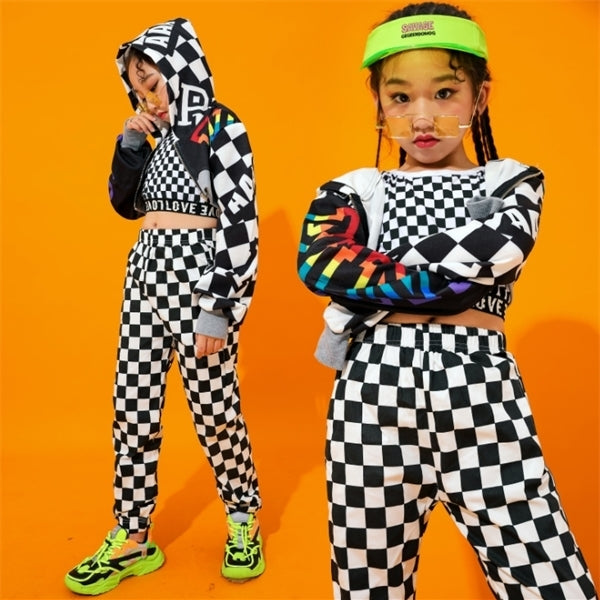 Sets Kids Girls Cool Hip Hop Clothing Hoodie Jakcets Shirt Crop Tops Plaid Pants for Girl Jazz Ballroom Dance Costume Clothes Wear 0926