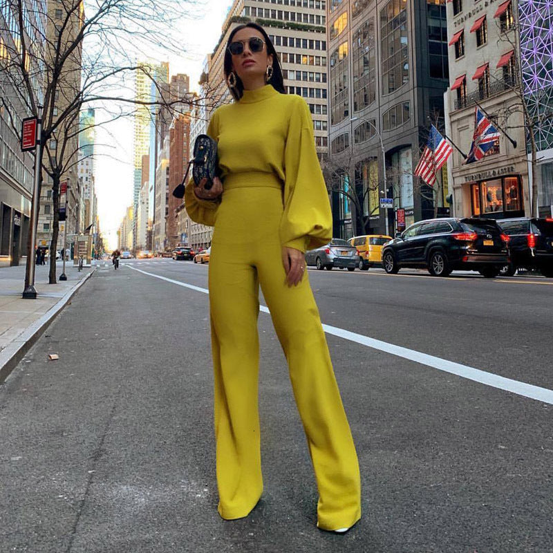 Dresses Women Autumn Elegant Fashion Slim Fit Solid Skinny Casual Overalls Office Look Work Lantern Sleeve Mock Neck Jumpsuits