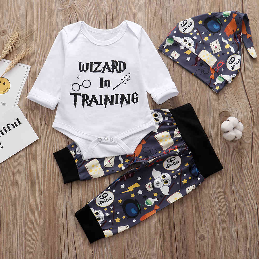 Clothing 3PCS Sets Newborn Boys Girls Clothes Summer Little Wizard Arrived Tops T-shirt+Halloween Pants+Hat Infant Baby Outfitq1221