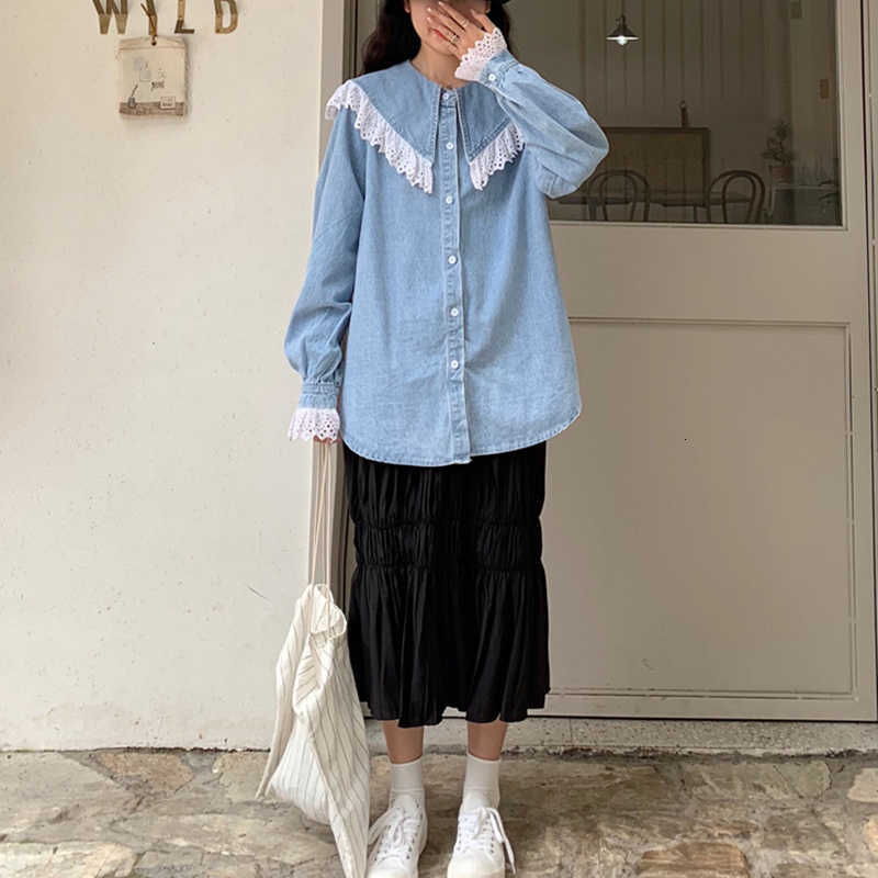 Women&#039;s Blouses & Shirts Spring Clothes for Women Lace Stitching Ruffle Peter Pan Collar Long Sleeve Denim Shirt Ladies Tops Plus