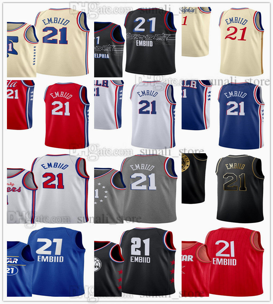 2021 Basketball Jerseys Joel 21 Embiid City Black Earned Cream Blue Red White Color Breathable Sports Shirts Men Women Kids Youth