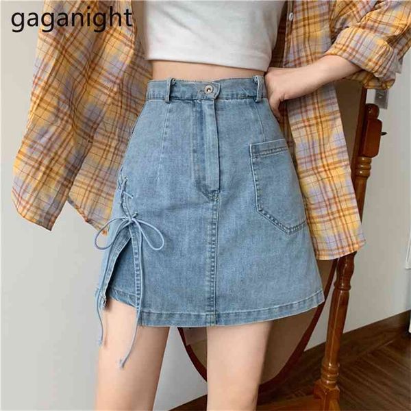 Women Blue Denim Skirts High Waist A-line Split Mini Skirt Spring Summer Solid Black OL Jeans Female Clothing 210601