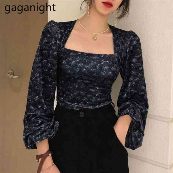 Velvet Floral Women Blouse Long Sleeve Square Collar Chic Korean Shirt Female Slim Cropped Tops Outwear Blusas Fashion 210601