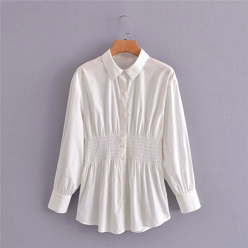 Women&#039;s Blouses & Shirts Women Fashion Elastic High Waist Hm White Cotton Long Female Spring Casual Sleeve Turn-Down Collar Tops 0
