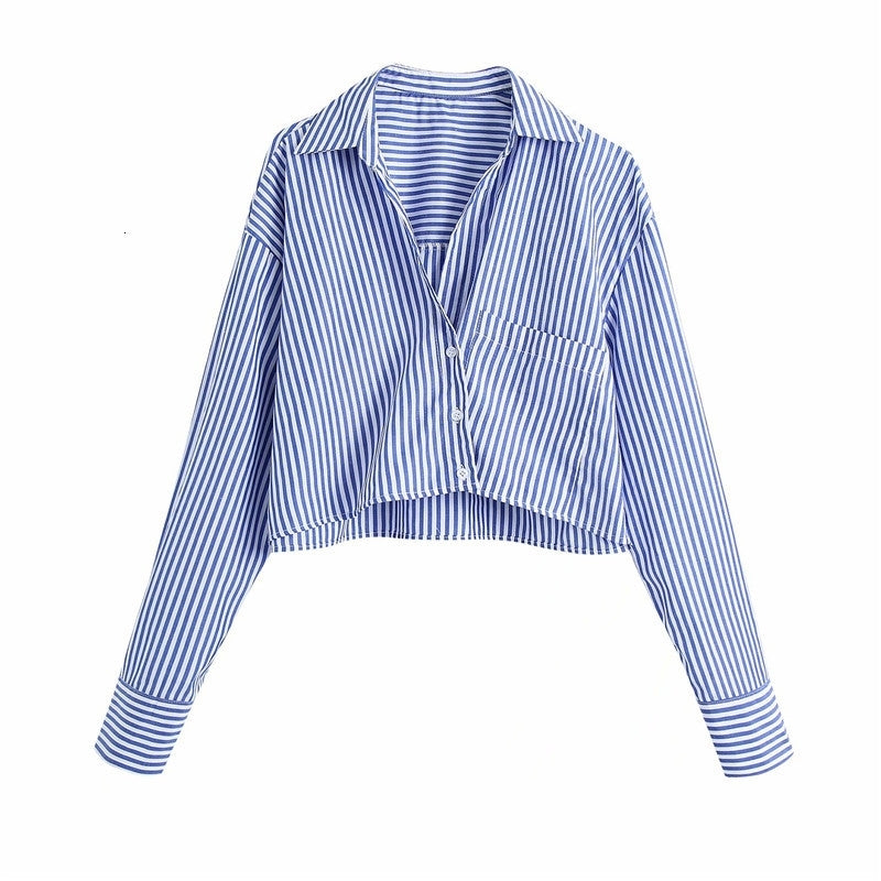 Women&#039;s Blouses & Shirts Women Fashion Spring Striped Print Za Blue Short Gilrs Turn-Down Collar Long Sleee High Waist Single Brea