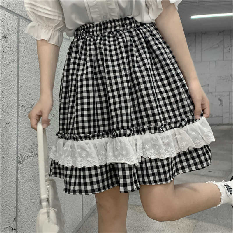 Skirts Harajuku Lolita Plaid Mini Skirt Teens Japanese Summer Cute Vintage Kawaii Lace Black Short Pleated School Girls A Line A50