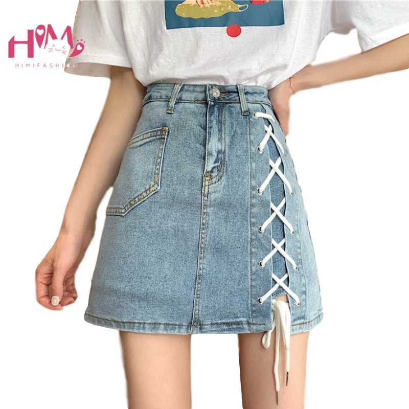 Skirts Summer Korean Style Denim Mini Women High Waist Bandage Jeans Harajuku Streetwear Fashion Lace Up A Line Short Split SVLC