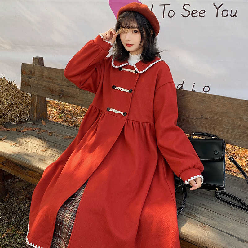 Women&#039;s Trench Coats Japanese Kawaii Long Coat Women Vintage Woolen Jacket Winter Lolita Fashion Female Cute Elegant Outerwear Red