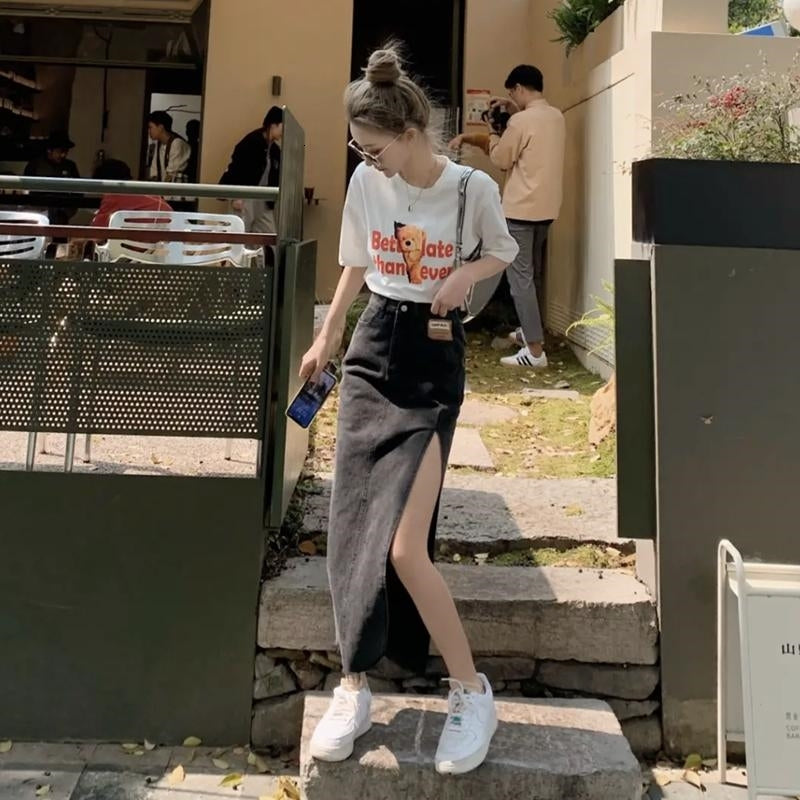 Two Piece Dress spring-summer design feeling high waist split jean skirts in female labeling package hip show thin long a-line ski