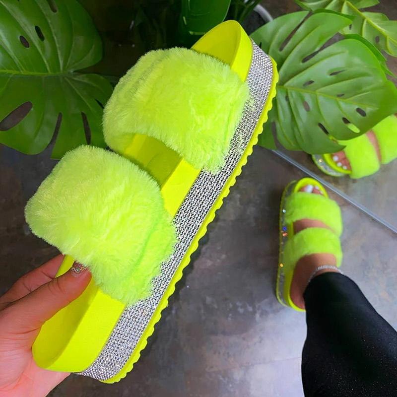 Slippers Fluffy Furry Slides Luxury Sandals Wome Candy Colors Rhinestone Platform Low Heel Thick Sole Summer