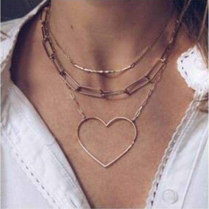 Pendant Necklaces 2021 Trendy Women&#039;s Choker Jewelry Multilayer Gold Big Hollow Love Heart Clavicle Chain Accesorios Mujer