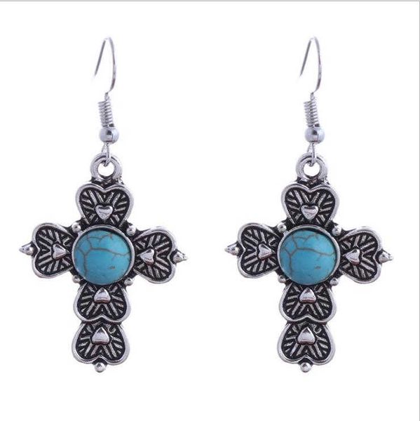 women&#039;s Carving cross Tibetan silver Turquoise Dangle Chandelier earrings GSTQE017 fashion gift national style women DIY earring