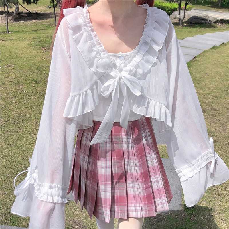 Women&#039;s Blouses & Shirts Summer Japan Lolita White Girls Long Sleeve Bandage Cardigan Women Blouse Chiffon Vintage Ruffle Beach Co